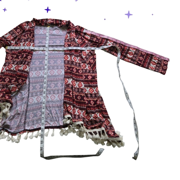 LA ROPAS Flowy Tassled Aztec Native Design Long Sleeve Kimono Red Cream Medium - Picture 7 of 9